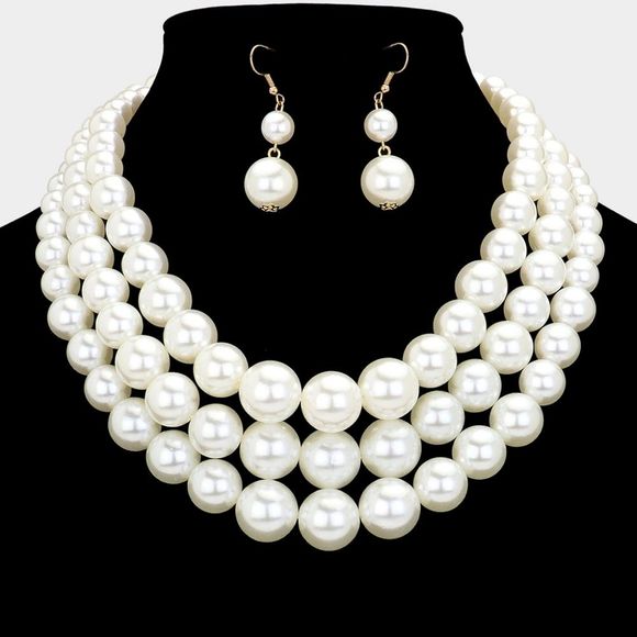Cream Pearls MultiStrand Layered Bib Necklace Set Triple Row - Picture 1 of 2